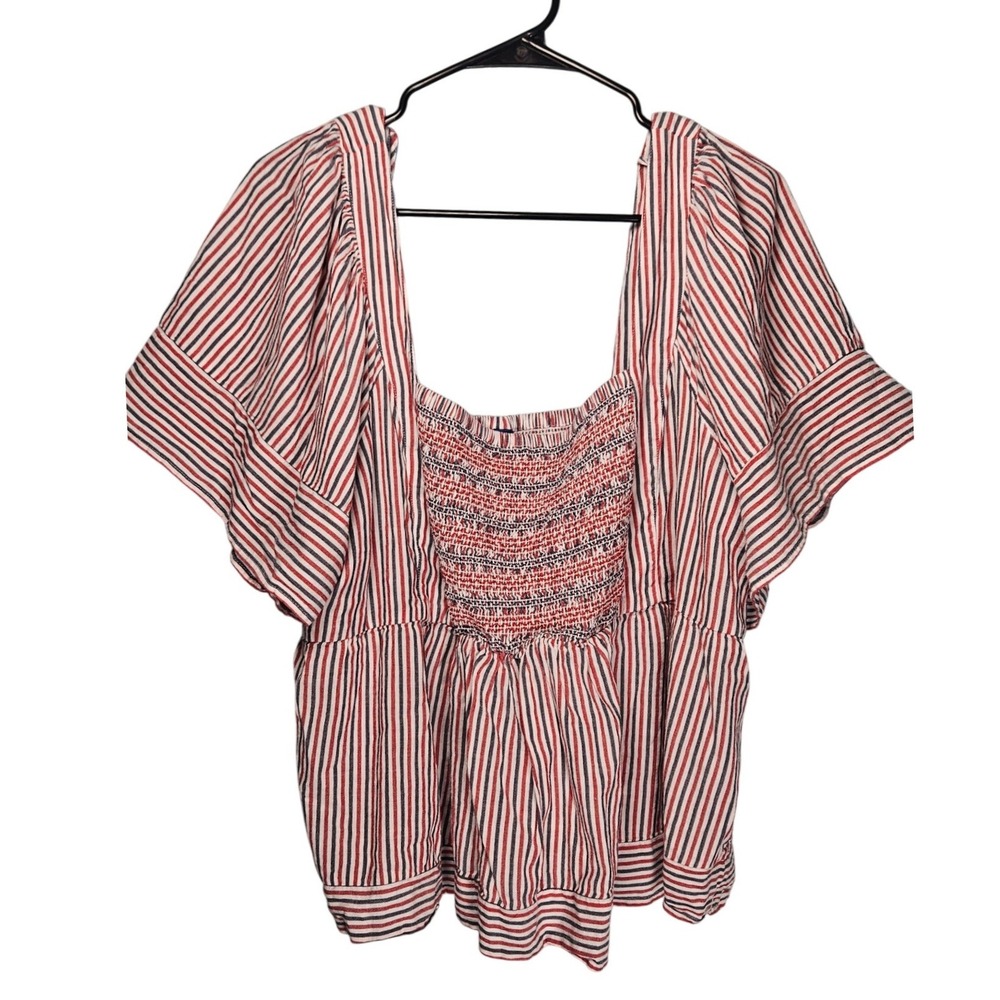 Old Navy Babydoll Striped Square Neck Smocked Top Women's XXL‎ Red White Blue